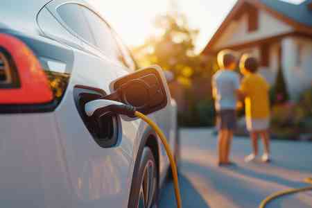 E-Auto wird aufgeladen im Hintergrund zwei Kinder